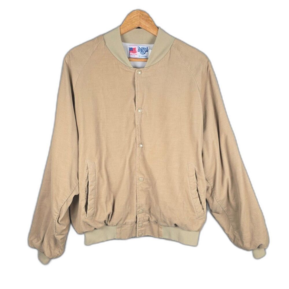 Vintage MBA Tan Corduroy Bomber Jacket Mens XL Made in USA Snap Front